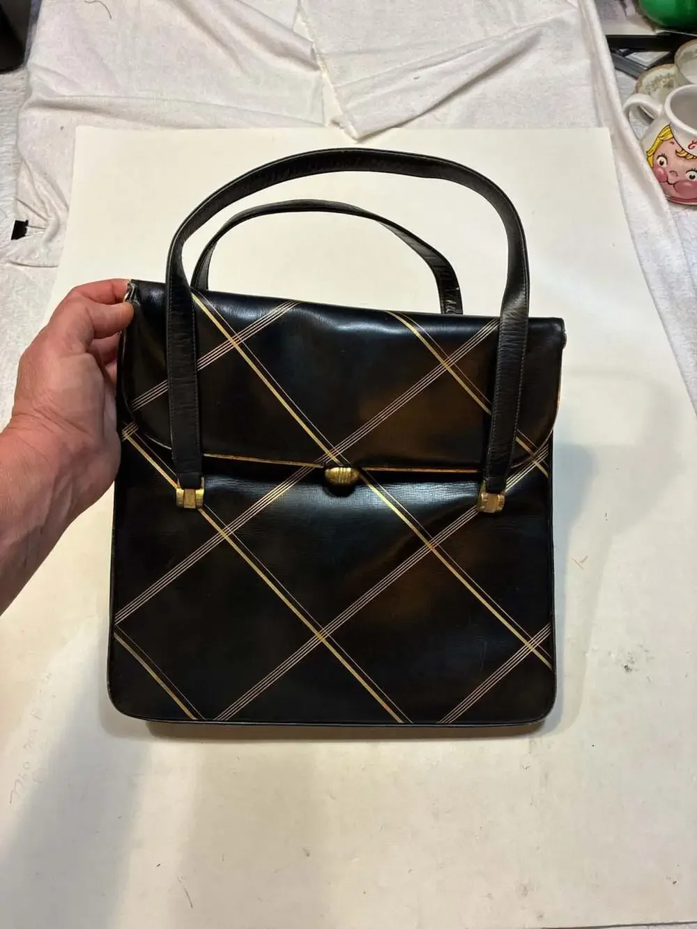Vintage Black and Gold Striped Crosshatch Pattern Handbag with Top Handle